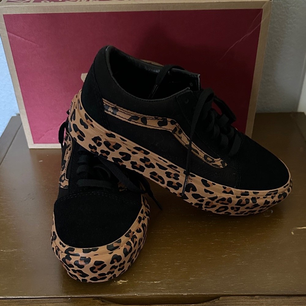 Vans Women's Black and Leopard Sneakers - Picture 2 of 4